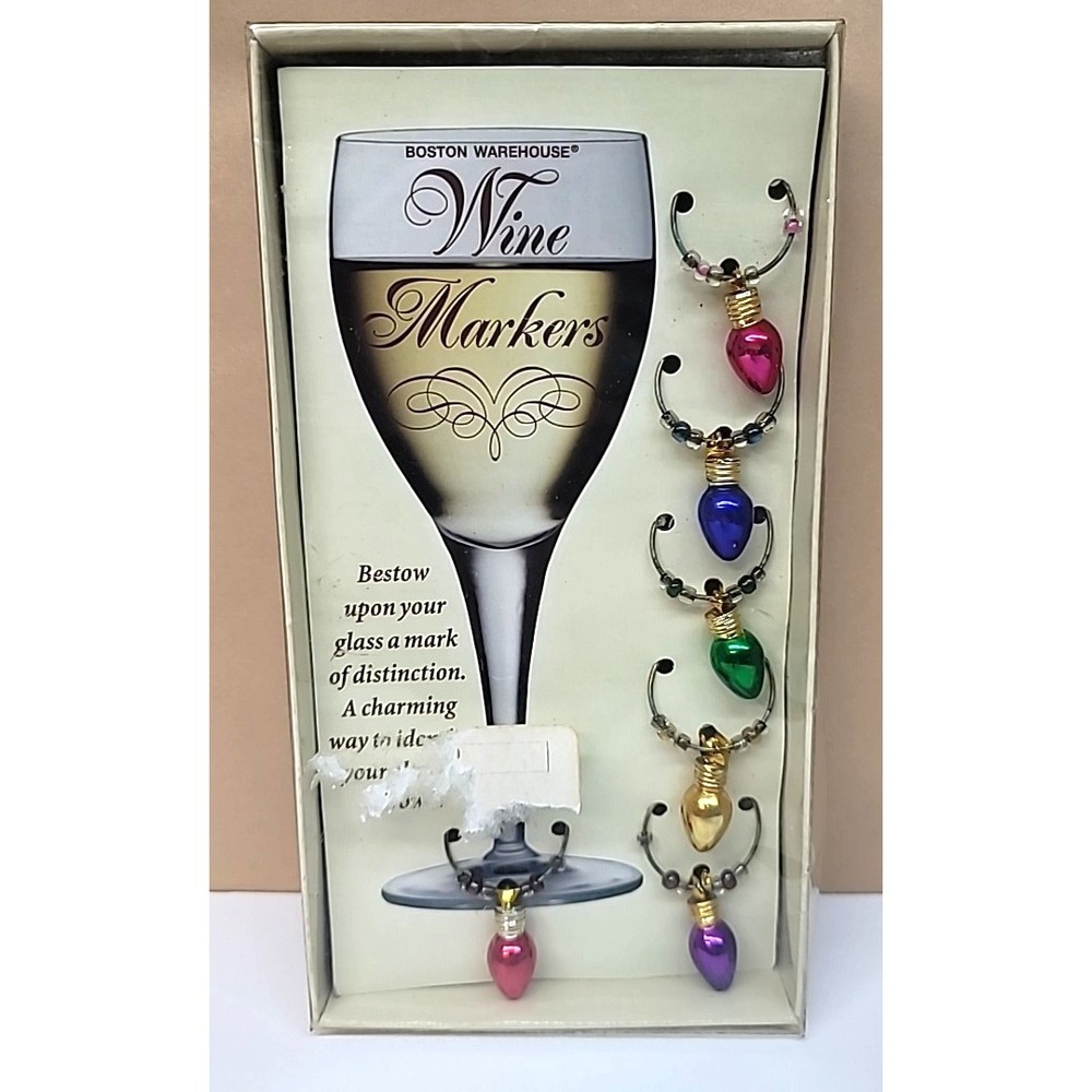 Set of 6 Boston Warehouse Christmas Light Bulb Wine Glass Markers/Charms
